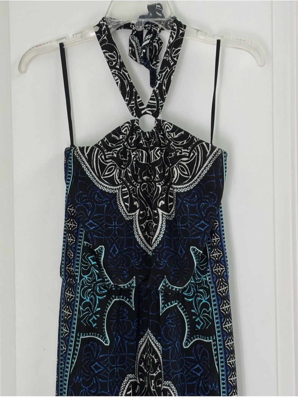 White House Black Market Black Blue Patterned Halter Long Dress Side Slits